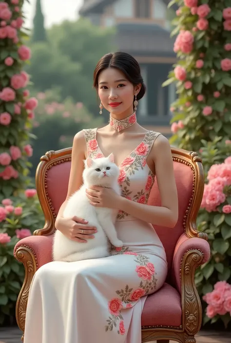 Beautiful Thai woman, sweet smile, wearing a tight white long evening dress, matching with a modern Thai dress, embroidered with pink roses, aluminum collar, colorful rose ruffles, fantasy color texture, shiny color, similar to gems, sitting on a Louis cha...