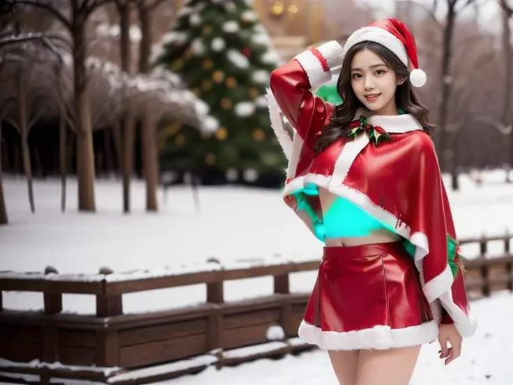 (8k, RAW photo, highest quality, masterpiece:1.2),(realistic, photorealistic:1.37),((Cute Christmas costume:1.5))),((Red Cute poncho coat with fluffy collar:1.5)),((mini skirt, boots:1.5)),Breaking news,Super detailed,Super high resolution,Single woman loo...