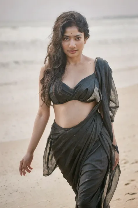 a 60 year old chubby kerala woman with dark skin, wrinkled face,wearing a black saree navel and clevage showing standing by a be...