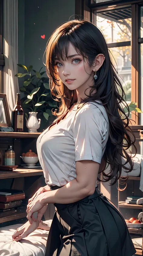 1 girl, cowboy shot of sylvdark looking at viewer】, color skin, green, teeth, spoken heart, elf, long eyebrows, ( white shirt , ...