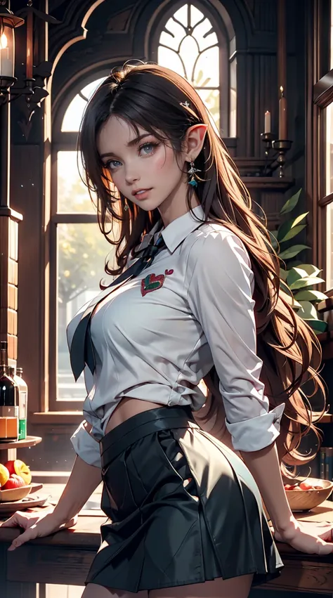 1 girl, cowboy shot of sylvdark looking at viewer】, color skin, green, teeth, spoken heart, elf, long eyebrows, ( white shirt , ...