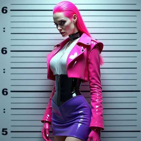 angelina jolie, vue de profil, latex brillant, dominatrice, chemisier en latex blanc, serre taille latex noir, costume longue jupe crayon en latex violet, ceinture latex noir, futuriste veste courte en latex rose fluo, larges épaulettes en latex rose fluo,...