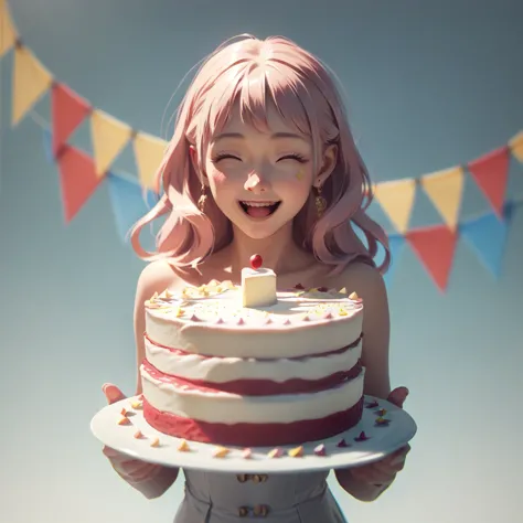 anime girl happy birthday, birthday cake, happy expression,