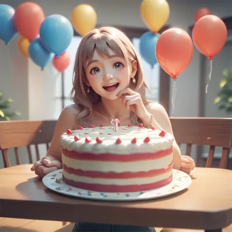 anime girl happy birthday, birthday cake, happy expression, table