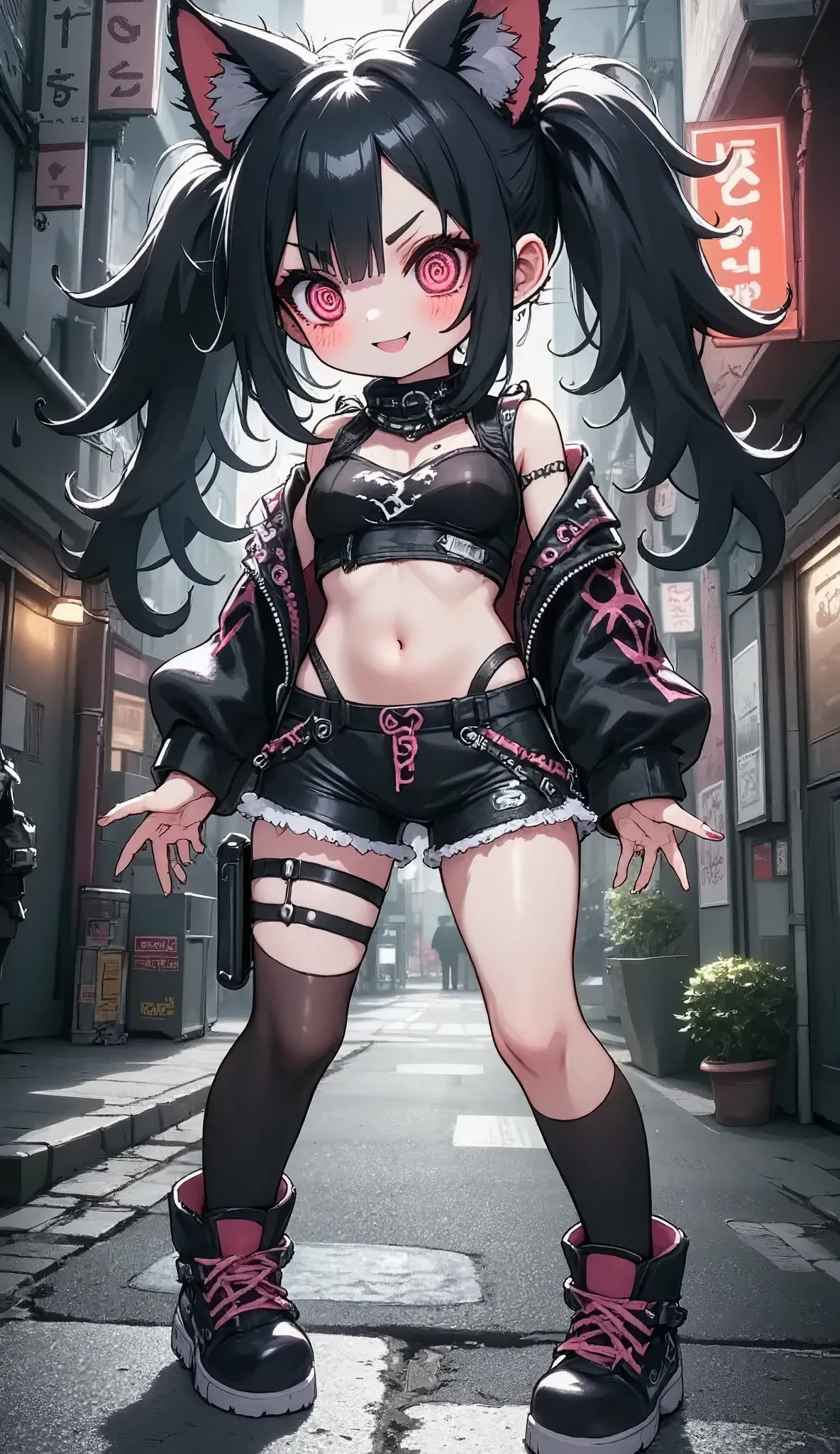 generate anatomically correct hands and body for sure. punk fashion angry girl\(open cleavage, cute, kawaii, age of 12,angry face, black long twin tails hair,pale skin, skin color blue, red eyes, eyes shining, big eyes, breast, punk fashion, ripped clothes, tight tube top, tight hot pants, stomach shown, ripped black short jacket, fluffy black cat-ear, dynamic pose, action pose, spiral eyes, bang,\),close up shot .Background\(midnight time, outside, messy noisy city, backstreet, narrow street, neon lights\)