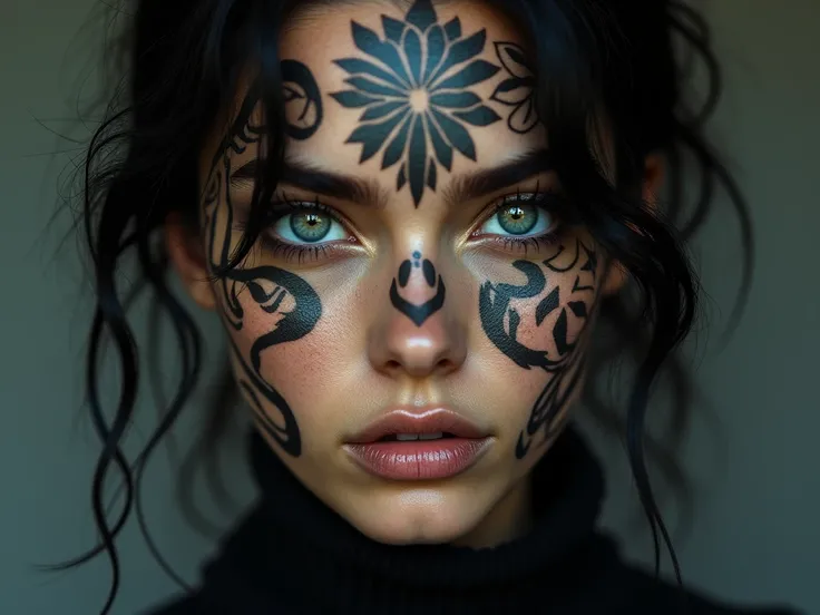 photorealism,  close-up of a beautiful womans face, tattooed all over her face ,  whites of the eyes in black ,  black eyes , dressed in black, black hair,  without piercing ,  neutral colors ,  natural skin texture ,  contrasting background , 35mm lens , ...