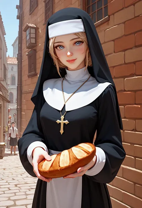 ( score_9、 score_8_up、 score_7_up)、sauce_like a 3D character、 detailed biography 、Cute nun 、Brick street corner 、A hungry viewers hand receiving the bread she offered overlaps with the viewers hand and her gentle hand holding out bread