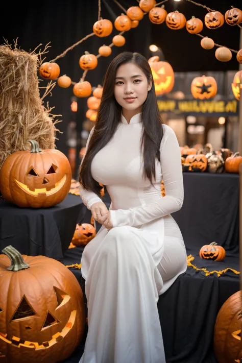 ((1 vietnamese girl wearing a black and white lace ao dai as a halloween costume, real photo, high quality photo, super sharp ph...