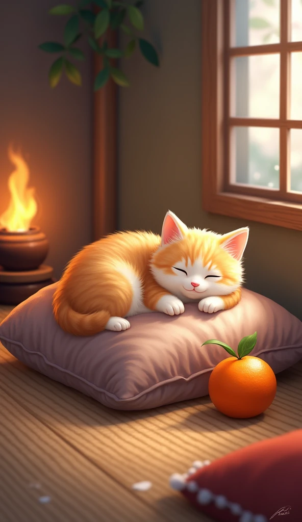 Cute Cat、winter、Japanese torch 、 tangerine 、 warm room