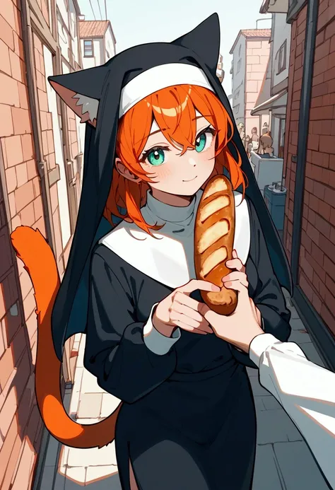 ( score_9、 score_8_up、 score_7_up)、sauce_ furry 、 detailed biography 、Cute nun 、Cat、Orange fur、Brick street corner 、throw、human viewer 、the above、throw、Bread held out by a gentle girlfriend 、Viewers Hand Receiving 、  focus on the hand of a hungry viewer an...