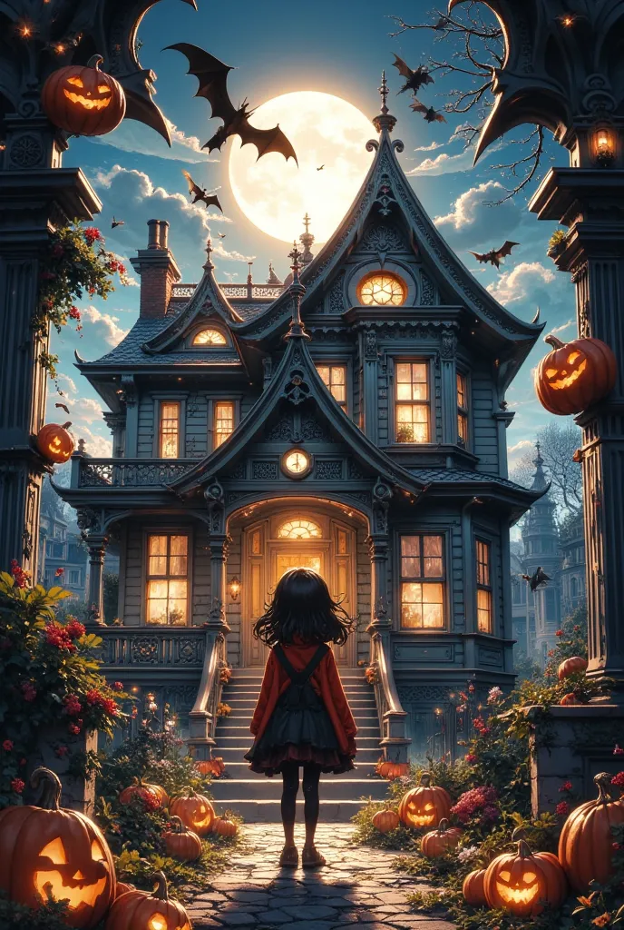 a spooky haunted house in the moonlight, pumpkins, bats, 1girl in room, horror, chiaroscuro lighting, muted color palette, cinem...