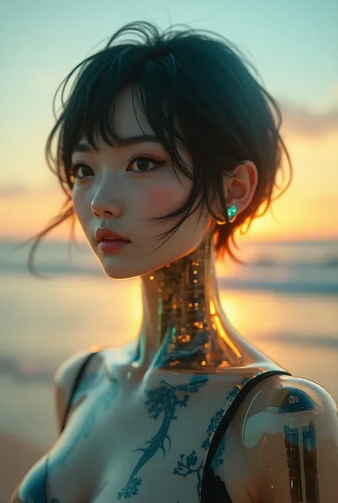 透明なGlassの胴体アンドロイド少女、((Glass))、Glassの内部の機械、Detailed skin、Short hair wolf cut、Watch the sunset on the beach 、Strong winds、Actual product、 unvolume 、((Ancient technology ))、(( sexy model pose ))、 cyberpunk、Blue lens flare、 Anamorphic Lens 、Wide-angle lens、nsf...