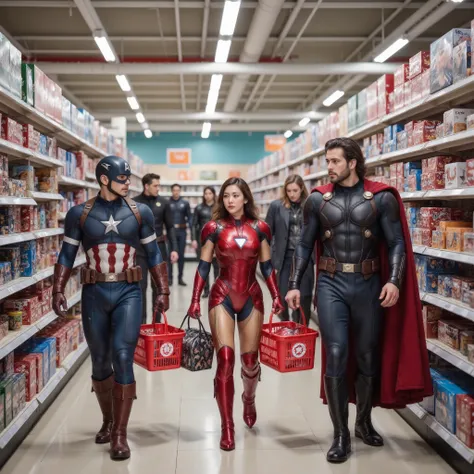  Avengers shop at US stores，Basket in hand，Pick items from the shelves 