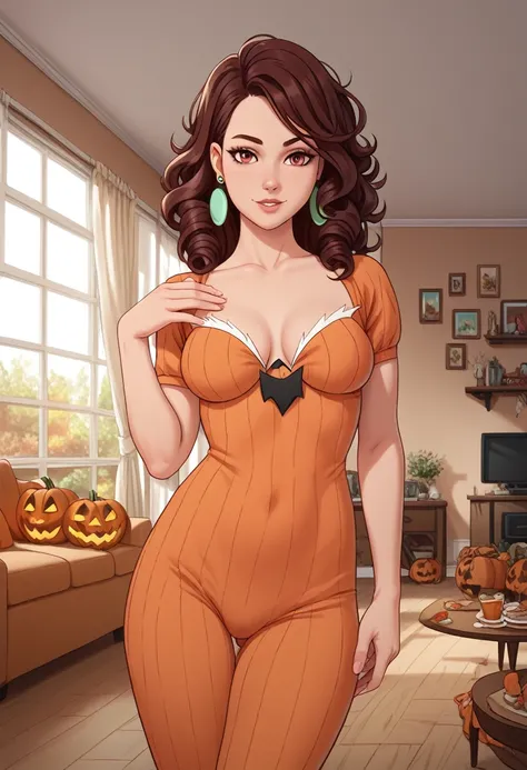 _Wow, curly hair, Brown Hair,  Brown Eyes , medium breasts,  posing shyly, Halloween Costumes,  green earrings , Red face, medium breasts,  detailed background, indoor,  living room , house  living room ,  Halloween theme , 