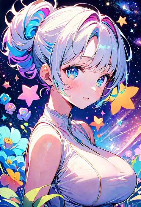 8k, Mysterious angel with a sense of transparency,Beautifully detailed , light blissful face, kawaii(Hair up style)short hair,Galaxy background,(blue eyes )(looking at viewer)(Big breasts) , feminine, flowers, stars, colorful, , flowers, stars, colorful, 
