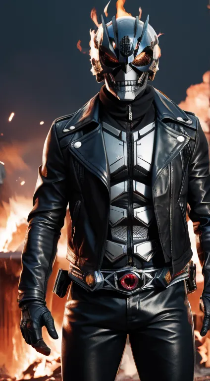 ((solo, kamen rider, shinkr, ghostrider, wearing leather jacket, leather pants, head painted like a skull skeleton)), (((burning...