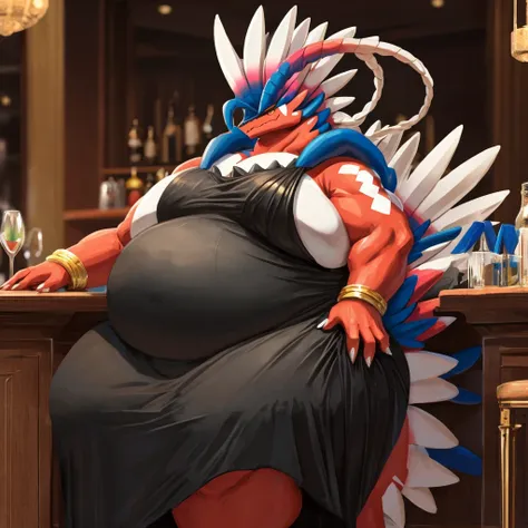 (solo) pokemon koraidon, (morbidly obese), bulging belly, (large elegant full body dark dress:1.5), (gold bracelets), (sitting a...