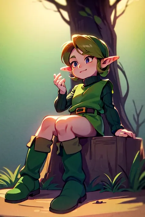 the legend of zelda saria ,, turtleneck,sweater,boots,belt,green footwear,  1 girl, link,one,forest background,