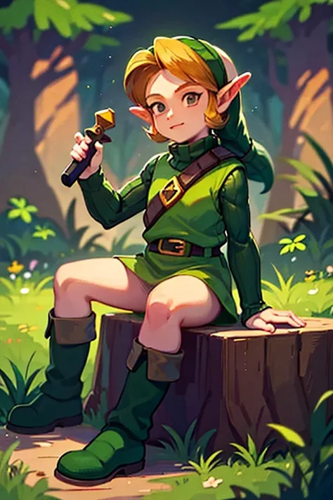 the legend of zelda saria , turtleneck,sweater,boots,belt,green footwear, one girl and one guy, link, holding a sword ,forest ba...