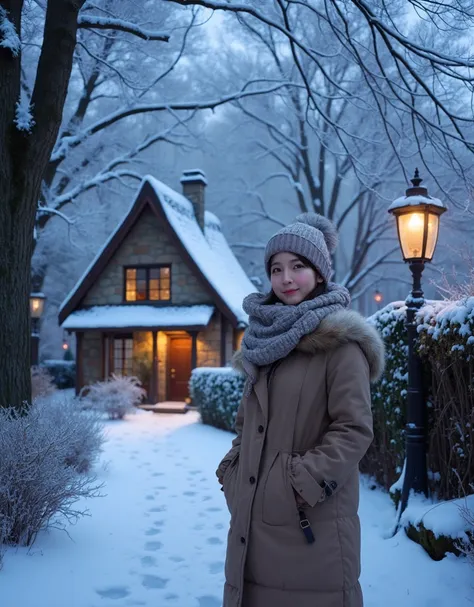 A serene winter scene featuring a quaint stone cottage nestled along a snow-covered path. The cottage, with its steeply sloped roof dusted in snow, emits a warm, golden glow from its windows, contrasting with the cool blue tones of the surrounding winter l...