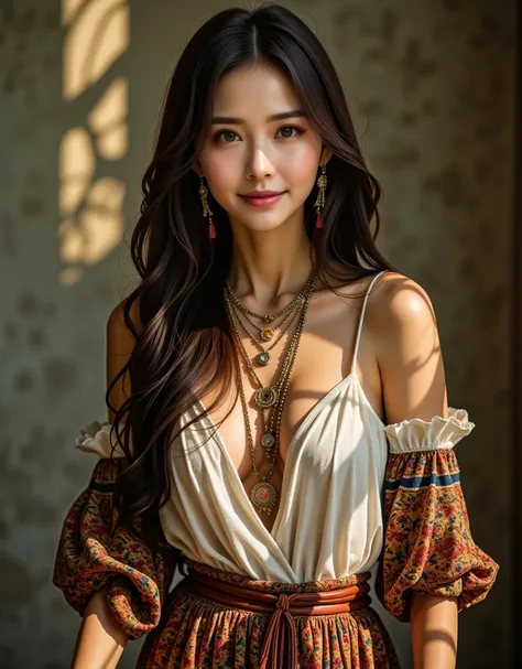 a meticulously detailed, hyper-realistic oil painting featuring a captivating east-asian boho woman with striking green eyes and...