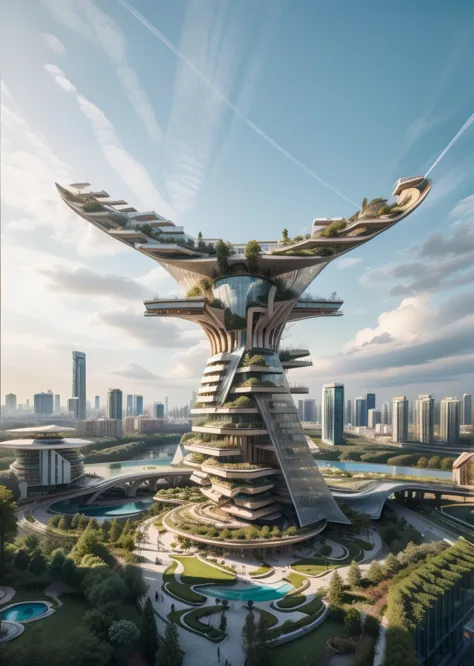 amazing building by zaha hadid, tower in the sky, by syd mead, there is  park on the ground, trees, people walking, realistic, p...