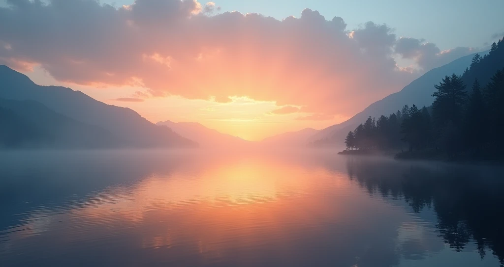 "Imagine a tranquil lake surrounded by mist-covered mountains at dawn. The sun rises, casting warm hues of orange, pink, and gold across the sky, reflected in the mirror-like water. The trees along the shore are silhouetted, and a few scattered clouds add ...