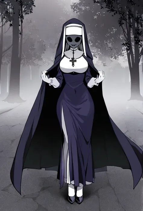 (1girl, solo) nun, long skirt, long over loose sleeves, white gloves, faceless, handless, nun outfits, 
cape covering whole body...