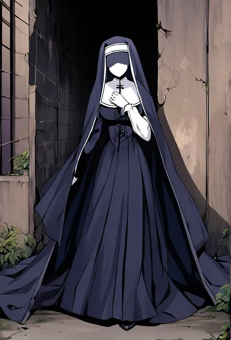 (1girl, solo) nun, long skirt, long over loose sleeves, white gloves, faceless, handless, nun outfits, 
cape covering whole body...