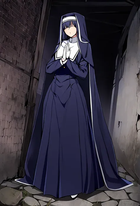 (1girl, solo) nun, long skirt, long over loose sleeves, white gloves, faceless, handless, nun outfits, 
cape covering whole body...