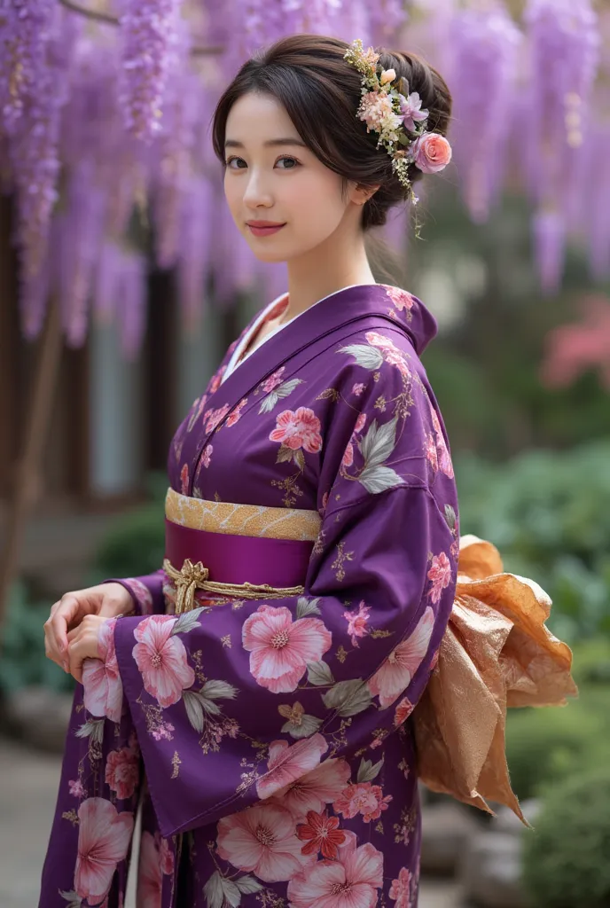 "a hyper-realistic portrait of an east-asian woman wearing a stunning, traditional japanese kimono, standing gracefully against ...