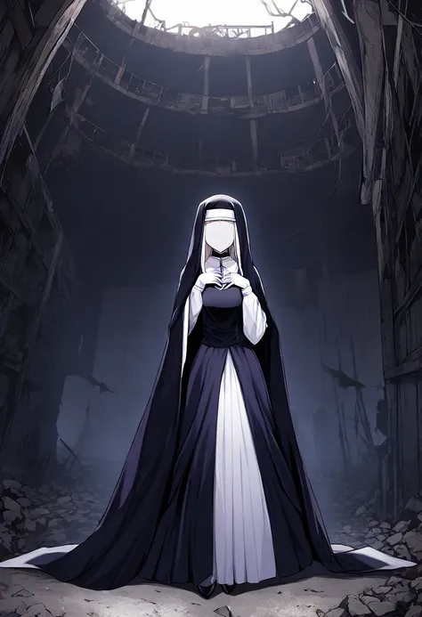 (1girl, solo) nun, long skirt, long over loose sleeves, white gloves, faceless, handless, nun outfits, 
cape covering whole body...