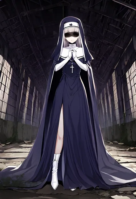 (1girl, solo) Nun, long skirt, long over loose sleeves, white gloves, faceless, handless, nun outfits, 
cape covering whole body, long cape, scary cape, sexy, sexy pose, heels boots, abandoned warehouse, her skirt got caught on floor gap