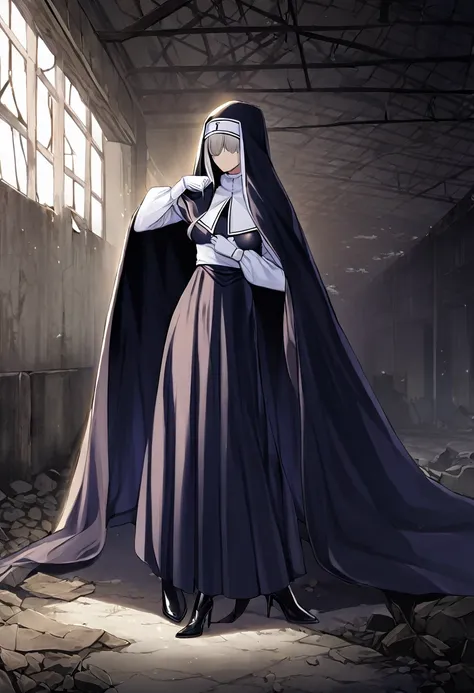 (1girl, solo) nun, long skirt, long over loose sleeves, white gloves, faceless, handless, nun outfits, 
cape covering whole body...