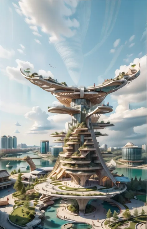 amazing building, tower high in blue sky, by syd mead, with concrete and glass, there is  park on the ground ,trees.  people wal...