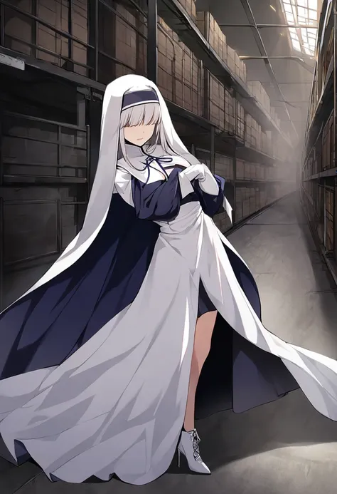 (1girl, solo) nun, long skirt, long over loose sleeves, white gloves, faceless, handless, nun outfits, 
cape covering whole body...