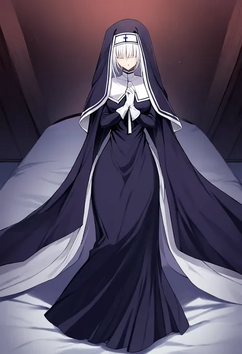 (1girl, solo) nun, long skirt, long over loose sleeves, white gloves, faceless, handless, nun outfits, 
cape covering whole body...