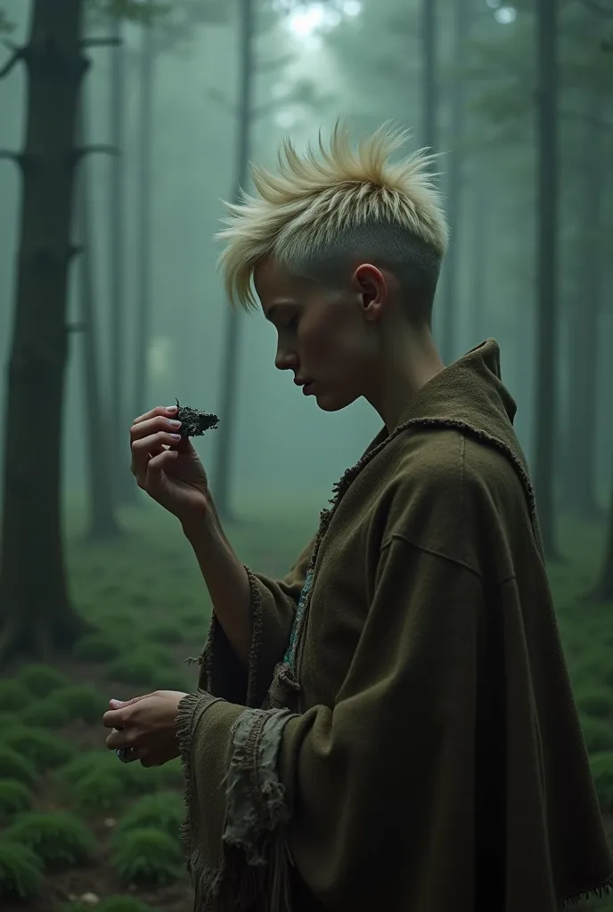 in the depths of a misty, rain-soaked forest, a lone, very thin nordic woman with spikey blonde asymmetrical pixie-cut hair shav...