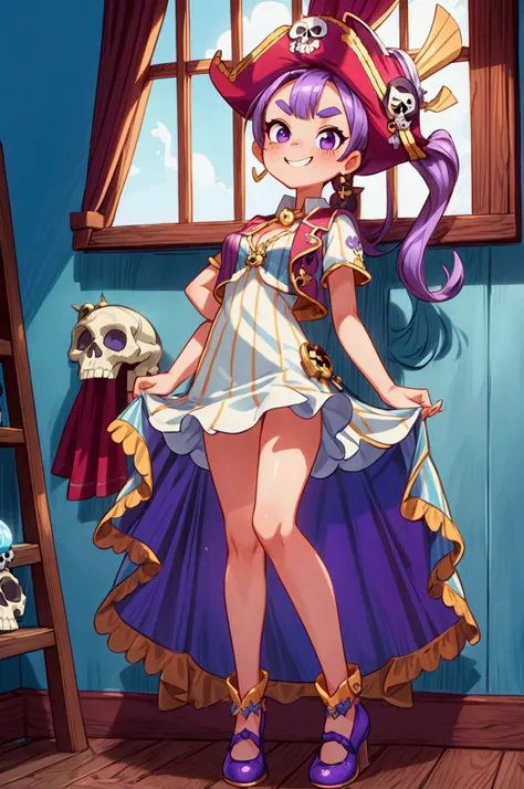 (masterpiece, best quality) standing, indoor, intricate detail, sunlight, sky blue and white striped frill dress short neckline, pirate vest, violet hair, purple eyes, mischievous smile, teeth showing, playful attitude, bad girl, eyebrows slightly raised, ...