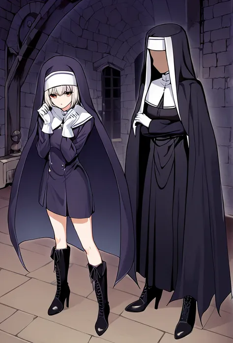 (2girls, couple) nun, long skirt, long over loose sleeves, white gloves, faceless, handless, nun outfits, 
cape covering whole b...