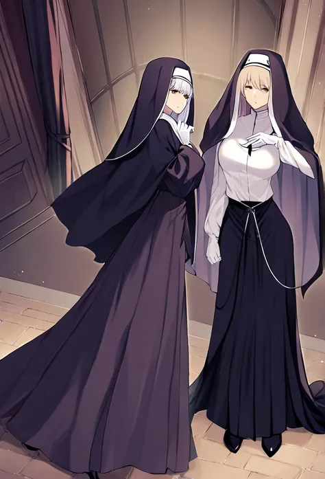 (2girls, couple) Nun, long skirt, long over loose sleeves, white gloves, faceless, handless, nun outfits, 
cape covering whole body, long cape, scary cape, sexy, sexy pose, heels boots, room, her skirt got caught on floor gap