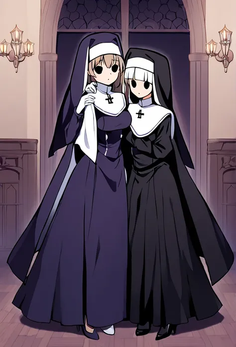 (2girls, couple) Nun, long skirt, long over loose sleeves, white gloves, faceless, handless, nun outfits, 
cape covering whole body, long cape, scary cape, sexy, sexy pose, heels boots, room, cute hugging together