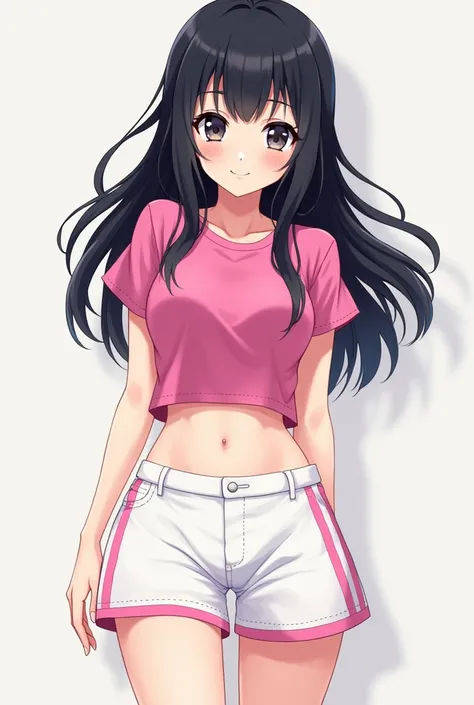  japanese girl ,Age17, black long hair,, pink short sleeves ,White shorts, pink striped side edges,There are flared briefs 