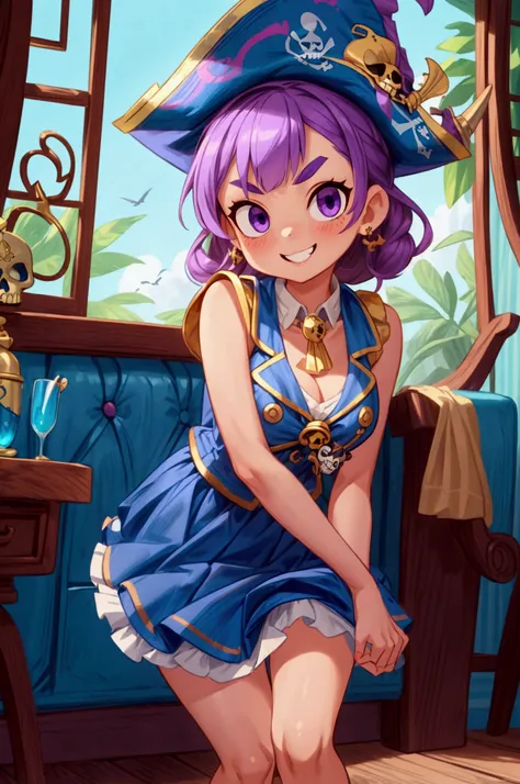 (masterpiece, best quality) standing, indoor, intricate detail, sunlight, sky blue and white striped frill dress short neckline, pirate vest, violet hair, purple eyes, mischievous smile, teeth showing, playful attitude, bad girl, eyebrows slightly raised, ...