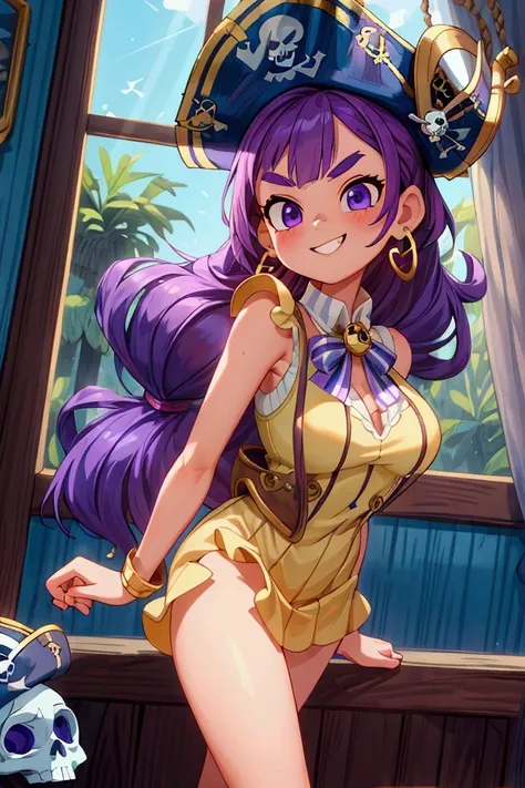 (masterpiece, best quality) standing, indoor, intricate detail, sunlight, sky blue and white striped frill dress short neckline, pirate vest, violet hair, purple eyes, mischievous smile, teeth showing, playful attitude, bad girl, eyebrows slightly raised, ...