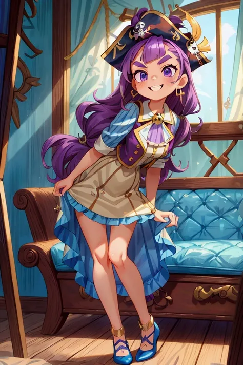 (masterpiece, best quality) standing, indoor, intricate detail, sunlight, sky blue and white striped frill dress short neckline, pirate vest, violet hair, purple eyes, mischievous smile, teeth showing, playful attitude, bad girl, eyebrows slightly raised, ...