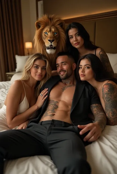 A hyper-realistic 8K image of a muscular man with a lion’s head in a luxurious suit, lightly smiling while lying on a beautiful, expansive bed in a five-star hotel room. He is surrounded by four stunning girls: two beautiful American girls and two voluptuo...