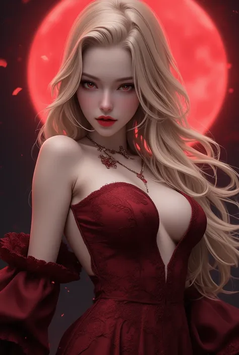 cool beauty vampire, red lips with fangs, blonde shiny silky disheveled hair, make up, amorous and lewd expression, captivating ...