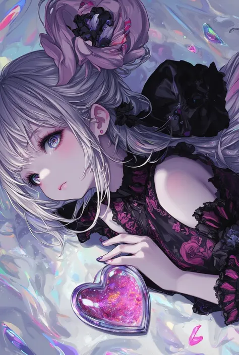 1girl with gothic fashion, soft color, texture affects image, texture is  A heart-shaped object with a glossy finish, resting on an iridescent surface that reflects its shape and color.