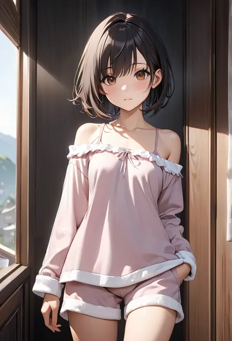  short hair, ( Brown Eyes :1.5), Loungewear、 shorts, Black Hair 、Bob, (Small breasts:1.2), break looking at viewer, break outside, break (masterpiece:1.2), Best Quality,  high definition,  unity 8k Wallpaper , (shape:0.8), (beautiful　Eye for detail:1.6), e...